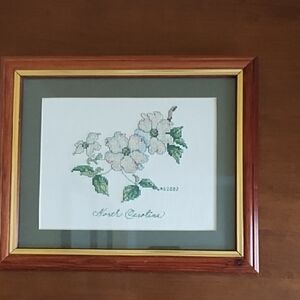 Cross Stitch Dogwood Flower NC Wood Frame Vintage Hand Crafted Brown White Green